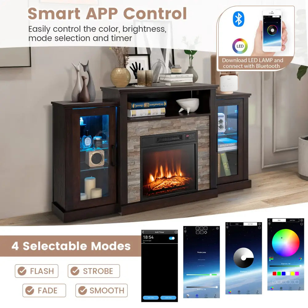 FireplaceTV Stand with 16-Color Led Lights for TVs up to 65 Inch-Dark Brown - Dark Brown - Entertainment Centers & TV