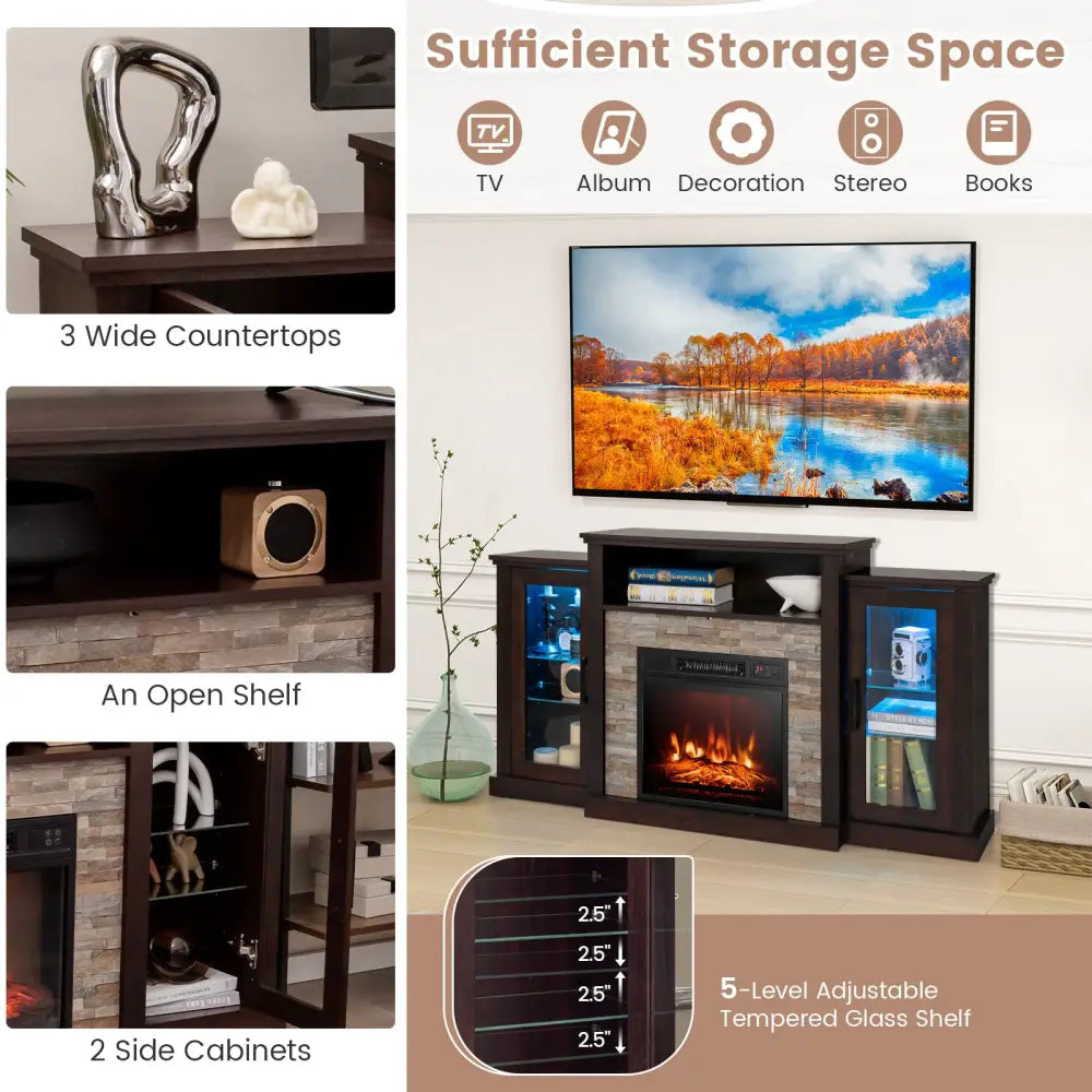 FireplaceTV Stand with 16-Color Led Lights for TVs up to 65 Inch-Dark Brown - Dark Brown - Entertainment Centers & TV