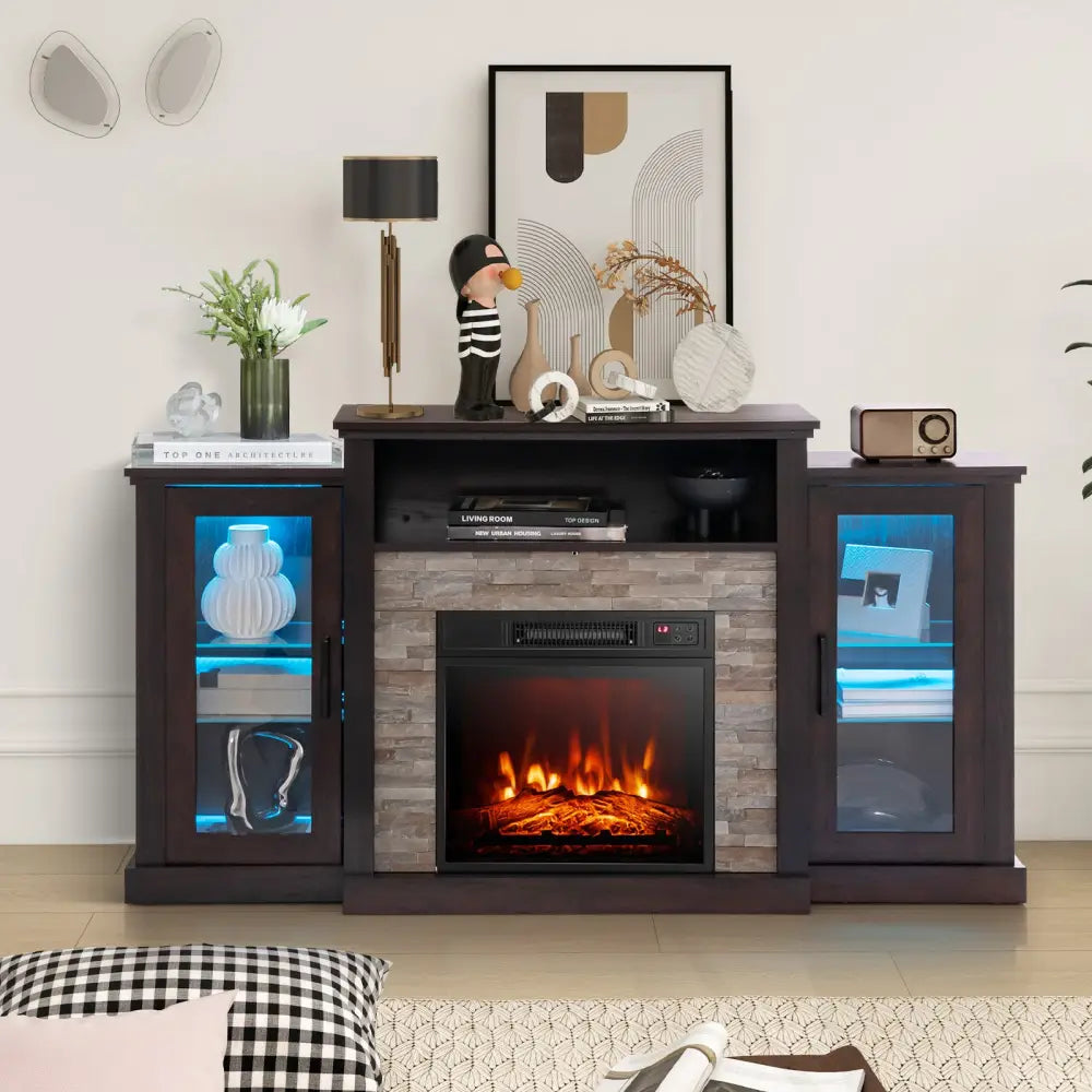 FireplaceTV Stand with 16-Color Led Lights for TVs up to 65 Inch-Dark Brown - Dark Brown - Entertainment Centers & TV