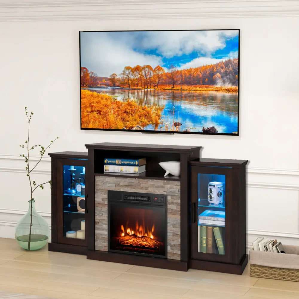 FireplaceTV Stand with 16-Color Led Lights for TVs up to 65 Inch-Dark Brown - Dark Brown - Entertainment Centers & TV
