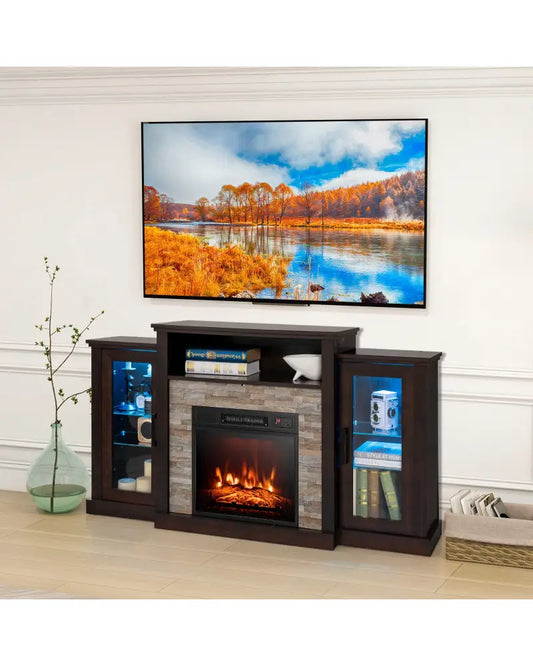 FireplaceTV Stand with 16-Color Led Lights for TVs up to 65 Inch-Dark Brown - Dark Brown - Entertainment Centers & TV