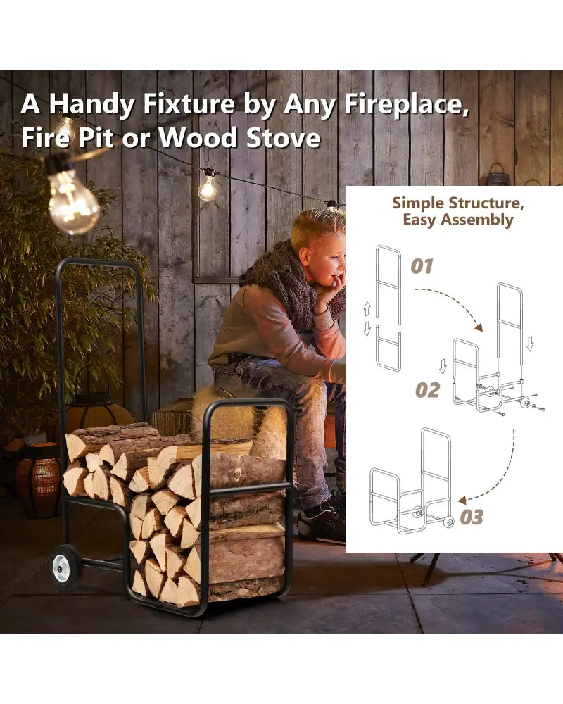 Firewood Log Cart Carrier with Anti-Slip and Wear-Resistant Wheels - Black - Log Storage