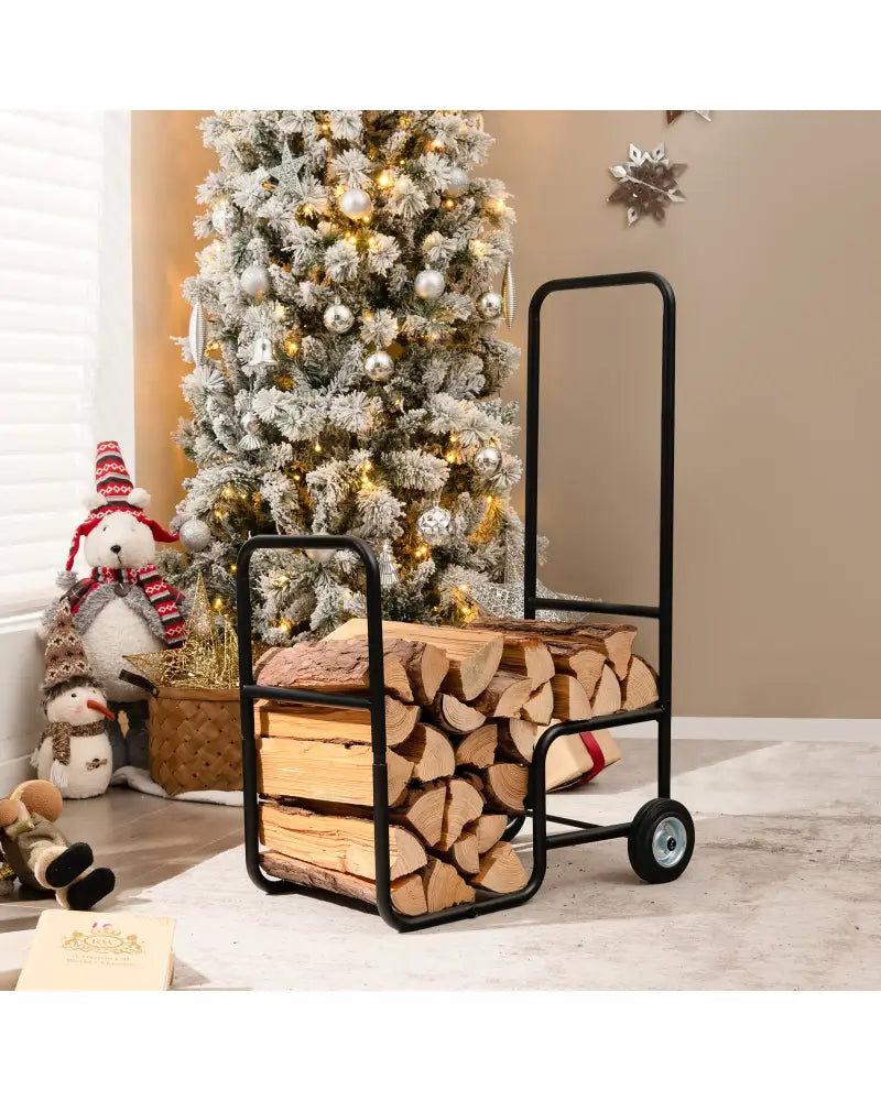 Firewood Log Cart Carrier with Anti-Slip and Wear-Resistant Wheels - Black - Log Storage