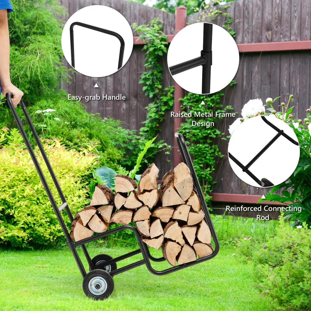 Firewood Log Cart Carrier with Anti-Slip and Wear-Resistant Wheels - Black - Log Storage