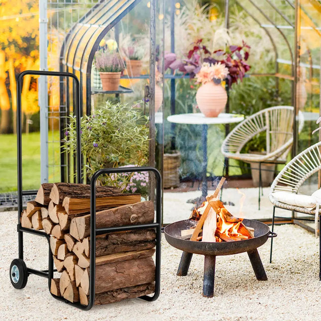 Firewood Log Cart Carrier with Anti-Slip and Wear-Resistant Wheels - Black - Log Storage