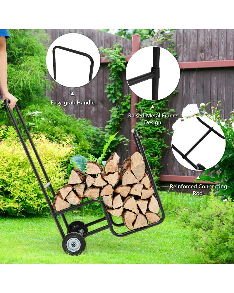 Firewood Log Cart Carrier with Anti-Slip and Wear-Resistant Wheels - Black - Log Storage