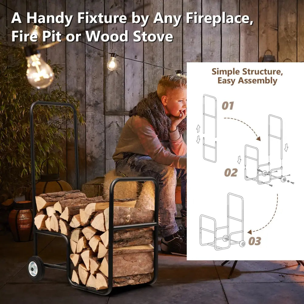 Firewood Log Cart Carrier with Anti-Slip and Wear-Resistant Wheels - Black - Log Storage