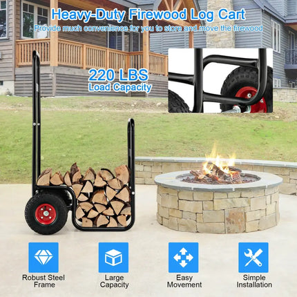 Firewood Log Cart Carrier with Wear-Resistant and Shockproof Rubber Wheels - Black - Log Storage