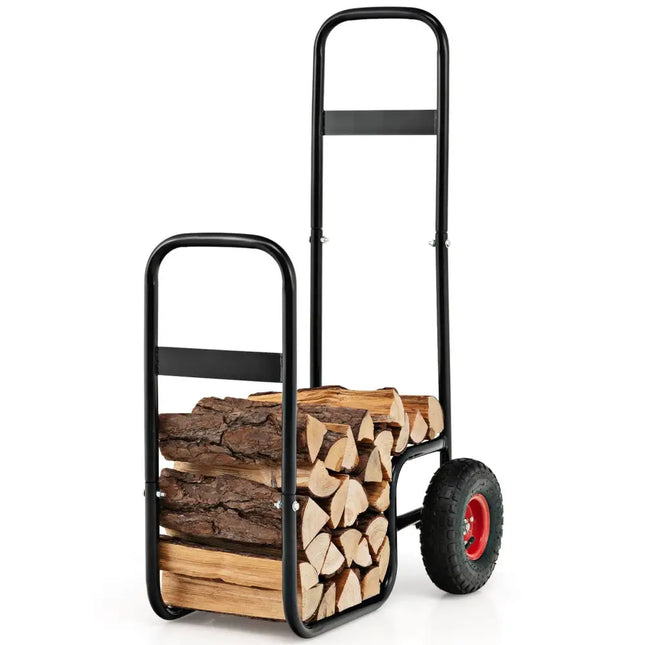Firewood Log Cart Carrier with Wear-Resistant and Shockproof Rubber Wheels - Black - Log Storage