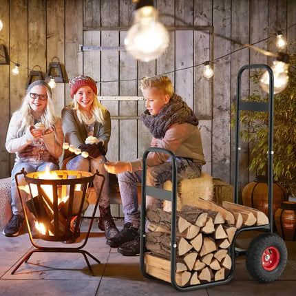 Firewood Log Cart Carrier with Wear-Resistant and Shockproof Rubber Wheels - Black - Log Storage