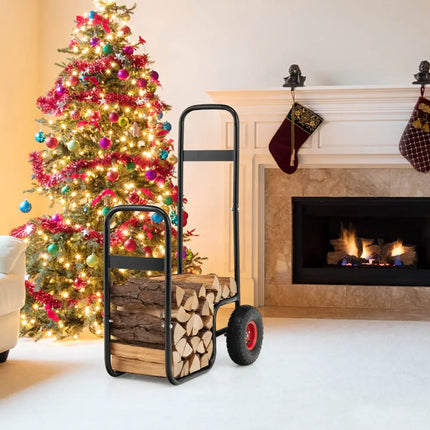 Firewood Log Cart Carrier with Wear-Resistant and Shockproof Rubber Wheels - Black - Log Storage