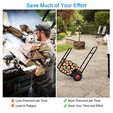 Firewood Log Cart Carrier with Wear-Resistant and Shockproof Rubber Wheels - Black - Log Storage