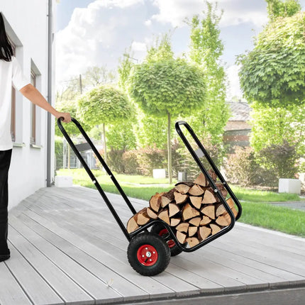 Firewood Log Cart Carrier with Wear-Resistant and Shockproof Rubber Wheels - Black - Log Storage