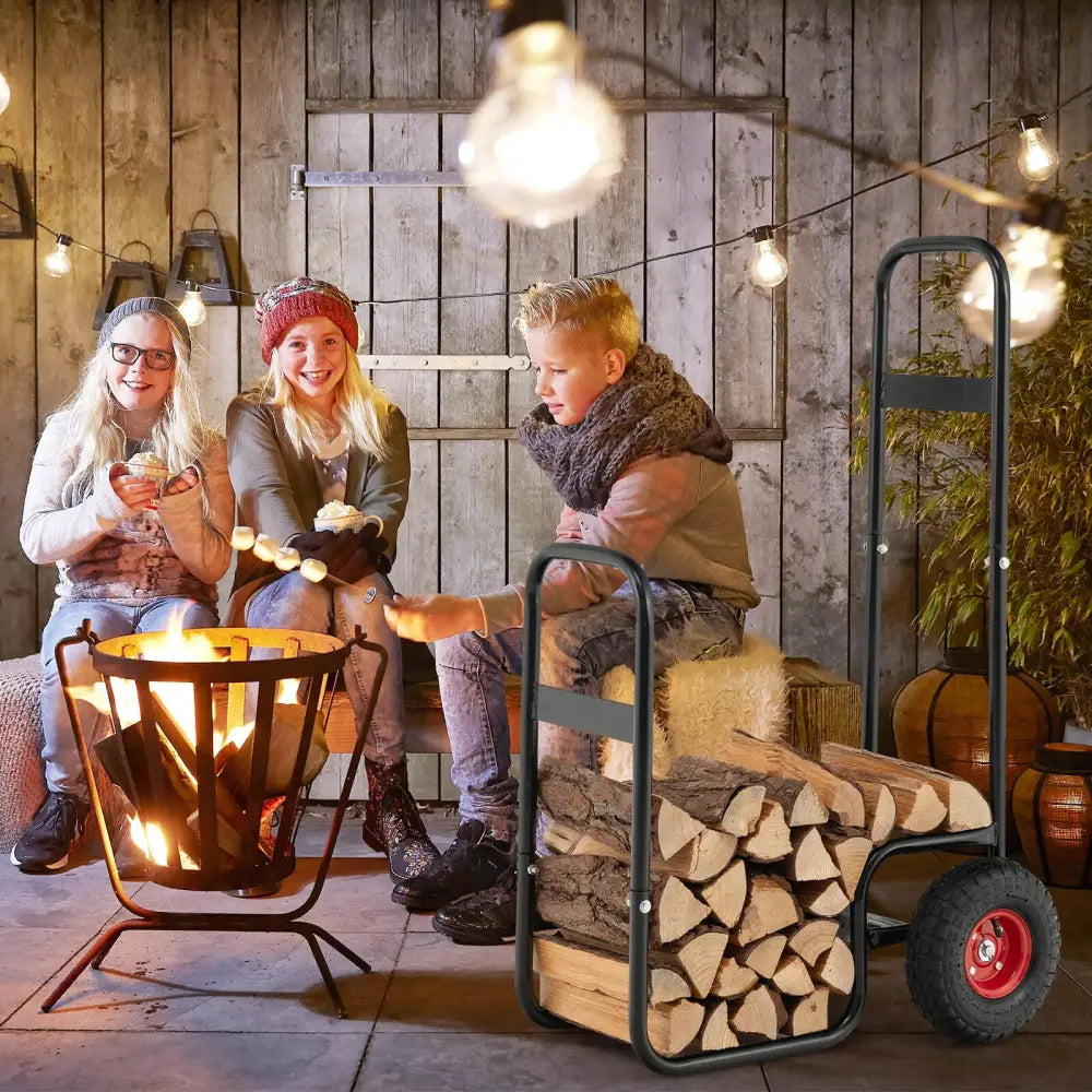 Firewood Log Cart Carrier with Wear-Resistant and Shockproof Rubber Wheels - Black - Log Storage