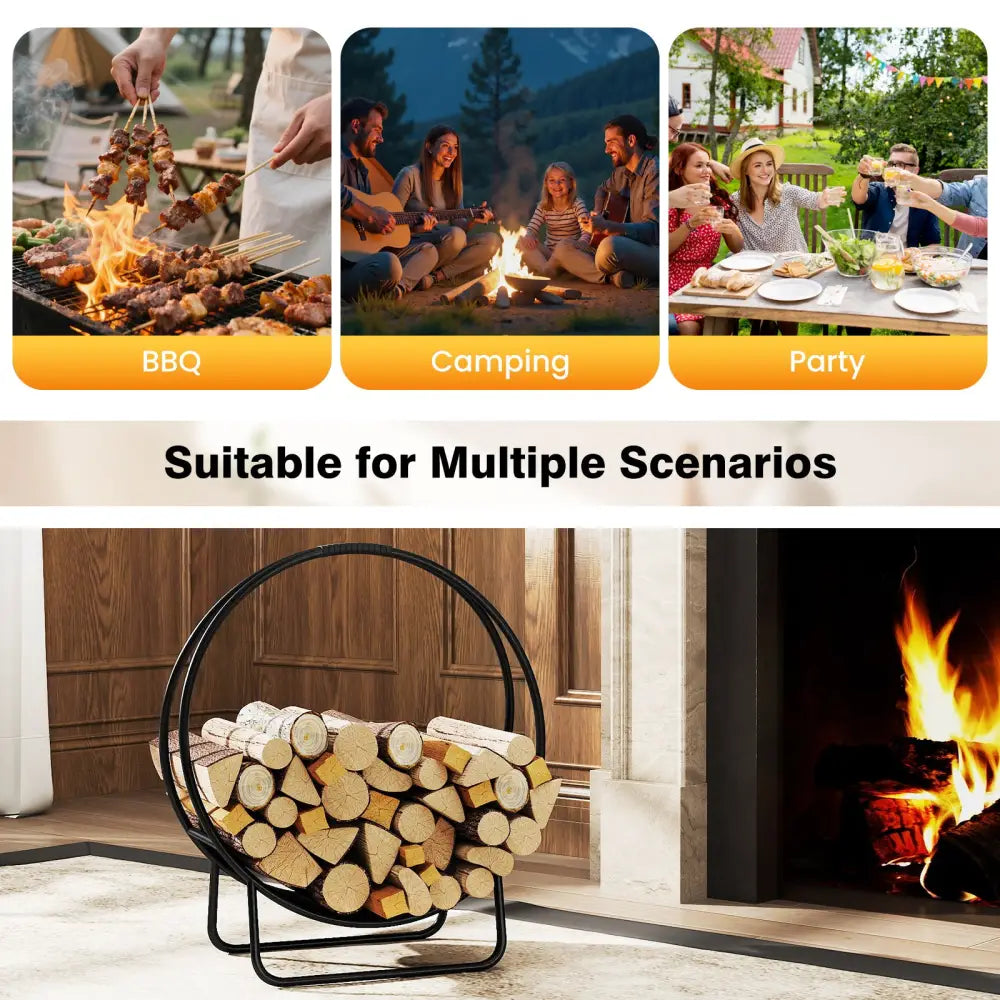 Firewood Log Hoop 20 Inch Round Heavy-duty Metal Curved Log Rack with Stand - Log Storage