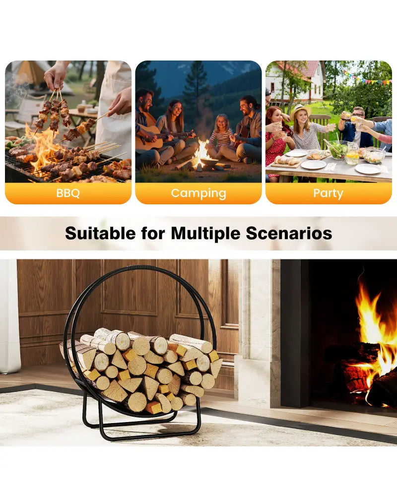 Firewood Log Hoop 20 Inch Round Heavy-duty Metal Curved Log Rack with Stand - Log Storage