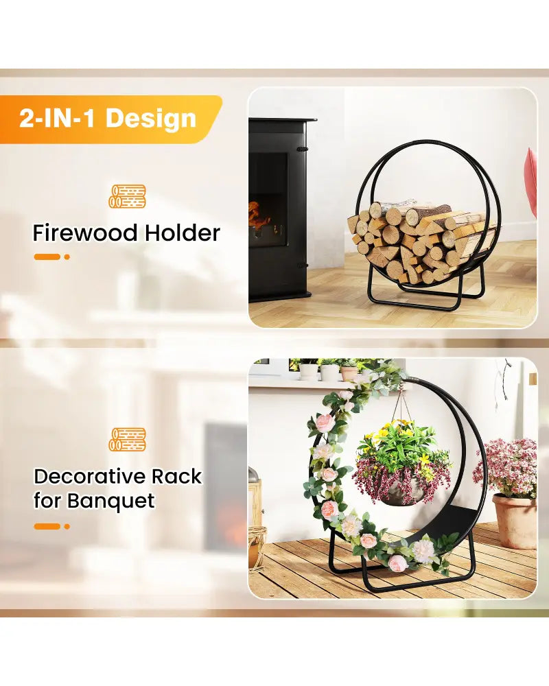 Firewood Log Hoop 20 Inch Round Heavy-duty Metal Curved Log Rack with Stand - Log Storage