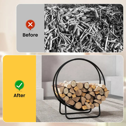 Firewood Log Hoop 20 Inch Round Heavy-duty Metal Curved Log Rack with Stand - Log Storage