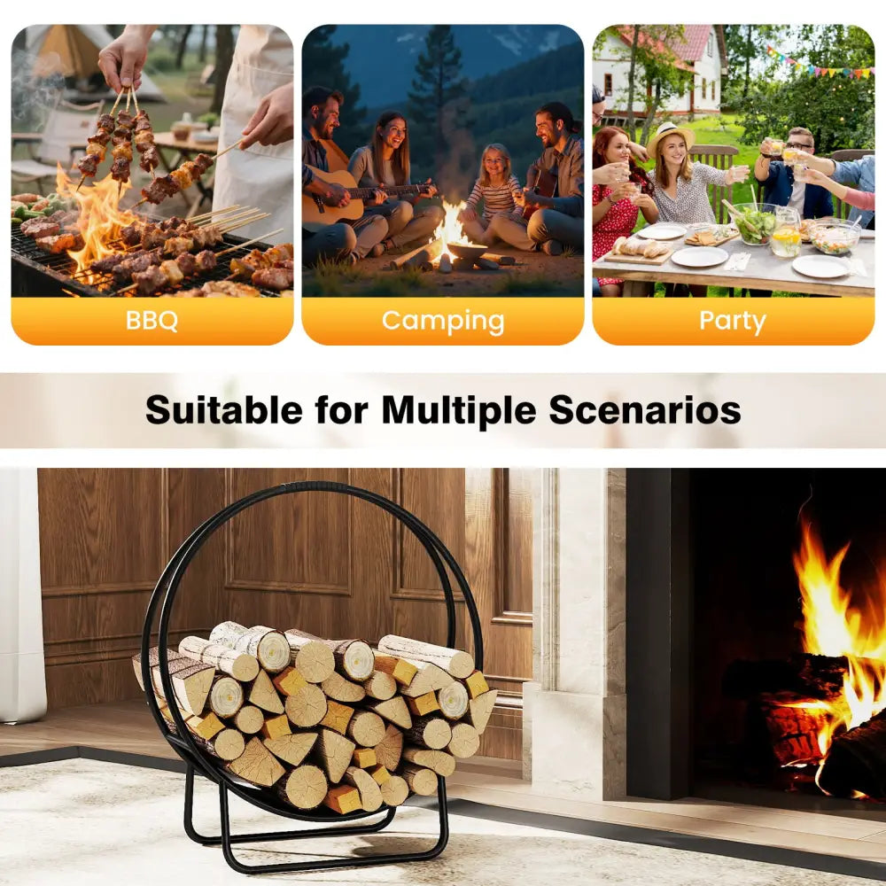 Firewood Log Hoop 20 Inch Round Heavy-duty Metal Curved Log Rack with Stand - Log Storage