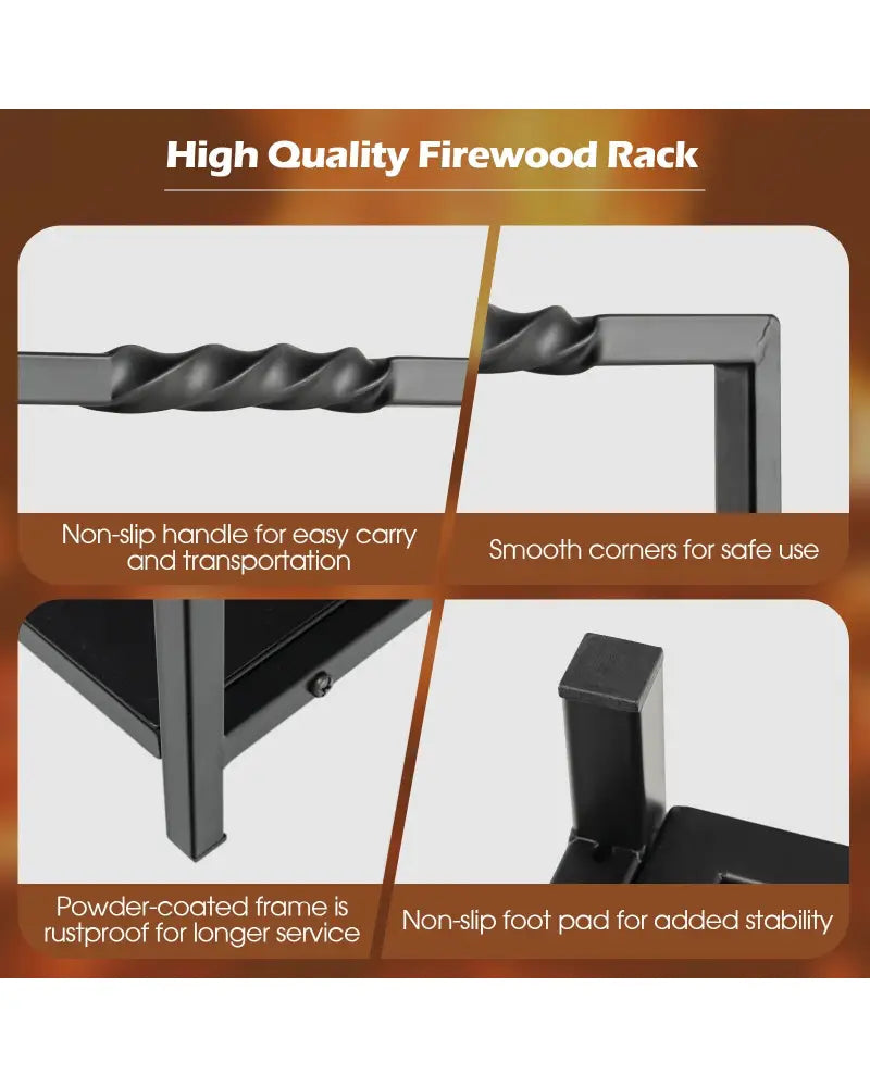 Firewood Log Rack with Unique Handle and Raised Feet-Black - Black - Log Storage