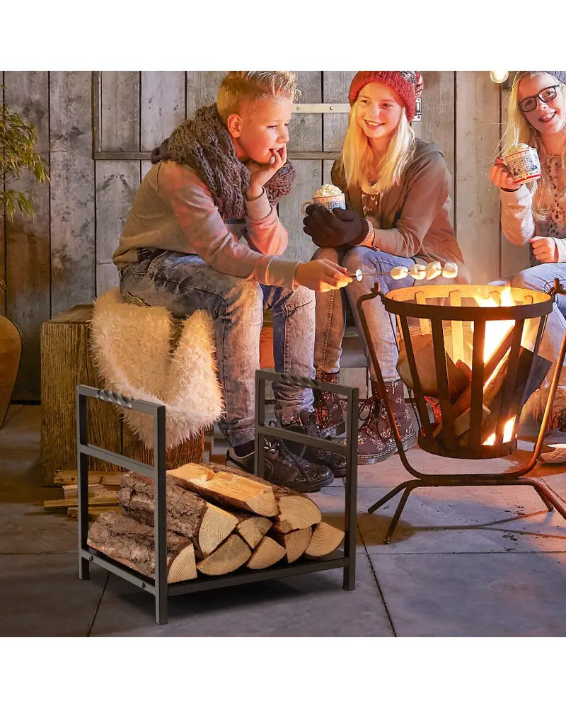Firewood Log Rack with Unique Handle and Raised Feet-Black - Black - Log Storage