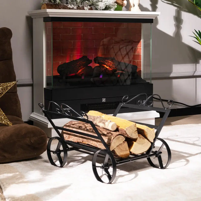 Firewood Rack Decorative Rustproof Steel Fireplace Log Holder with Wheels - Black - Log Storage
