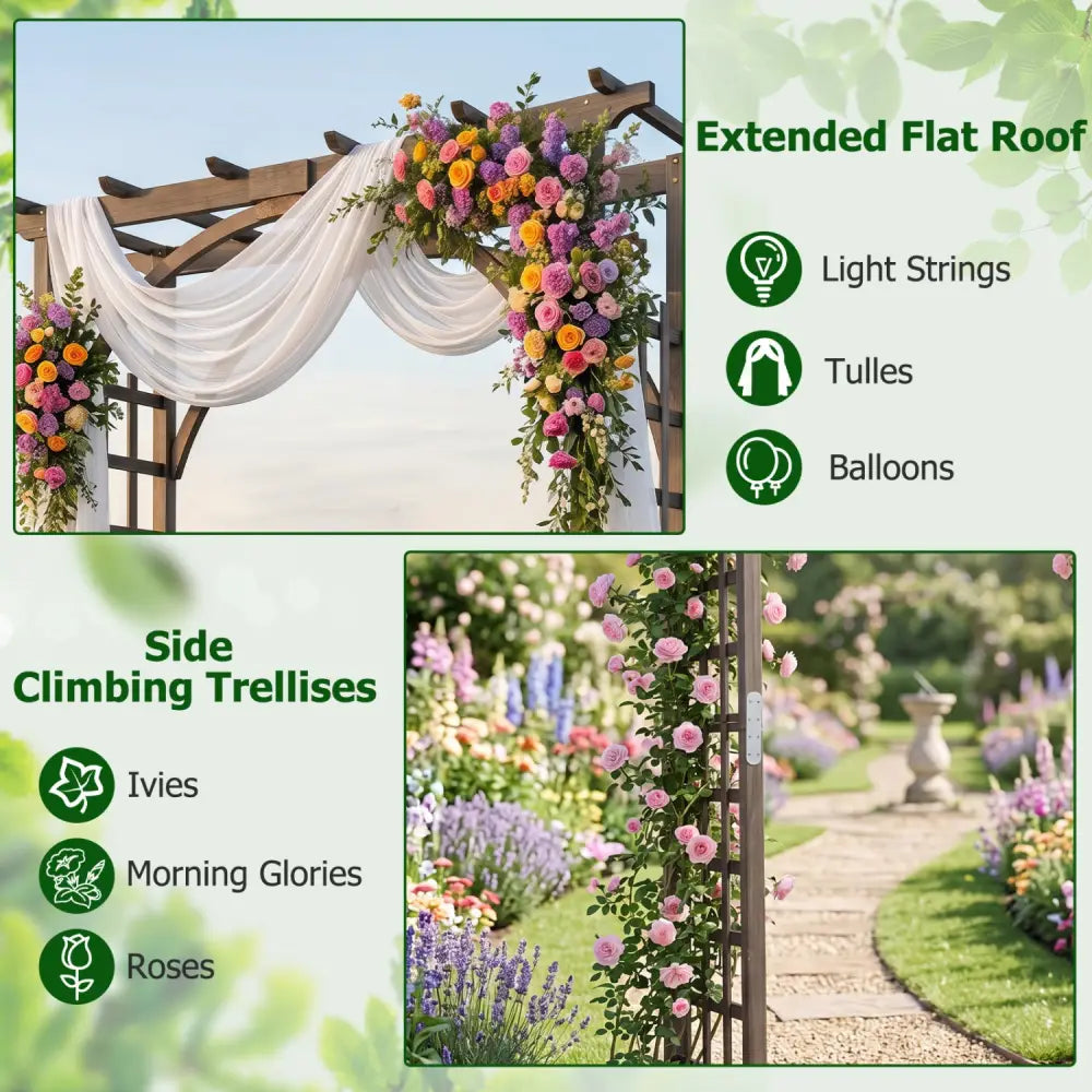 Flat Top Garden Arch Trellis 85’’ Tall Wood for Climbing Plants and Wedding-Brown - Brown - Garden Arbors