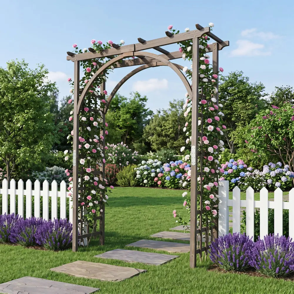 Flat Top Garden Arch Trellis 85’’ Tall Wood for Climbing Plants and Wedding-Brown - Brown - Garden Arbors