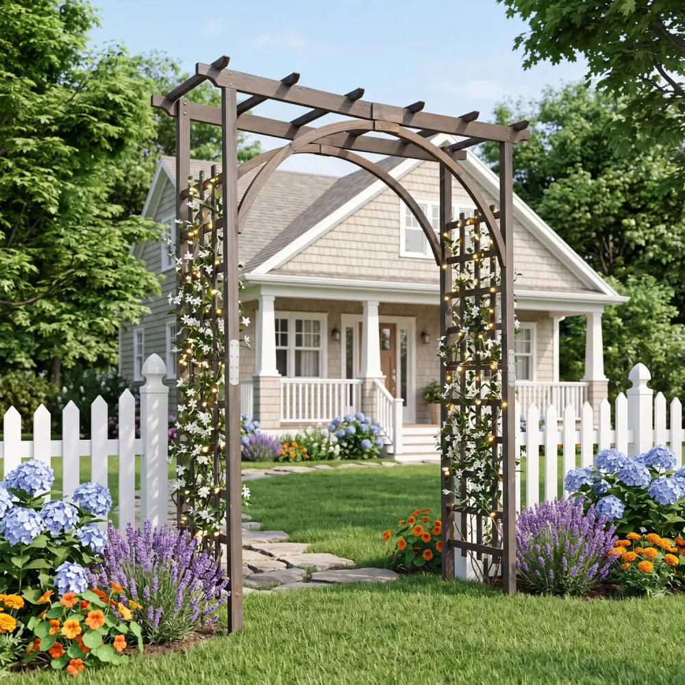 Flat Top Garden Arch Trellis 85’’ Tall Wood for Climbing Plants and Wedding-Brown - Brown - Garden Arbors