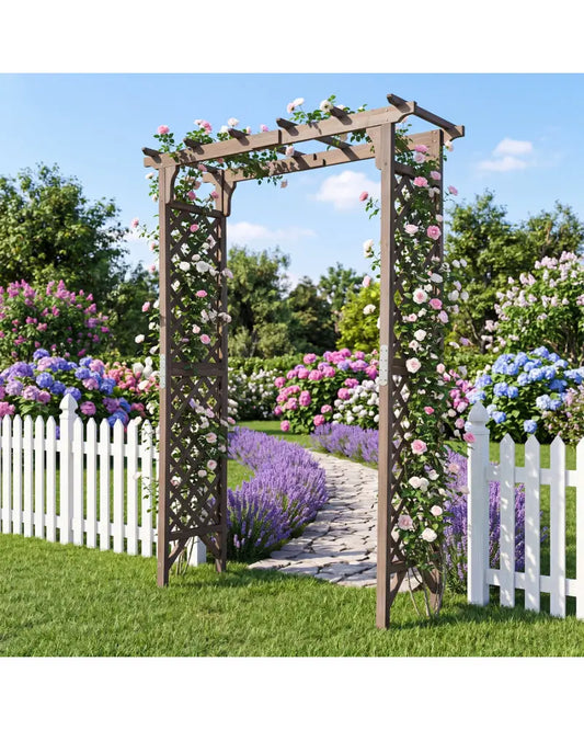 Flat Top Garden Arch with Gate 85’’ Tall Wood for Climbing Plants and Wedding-Brown - Brown - Garden Arbors