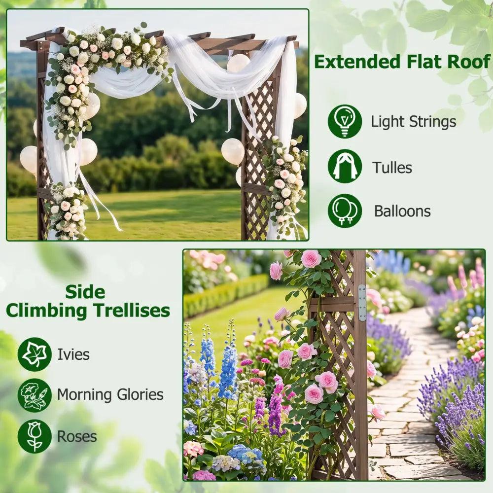 Flat Top Garden Arch with Gate 85’’ Tall Wood for Climbing Plants and Wedding-Brown - Brown - Garden Arbors
