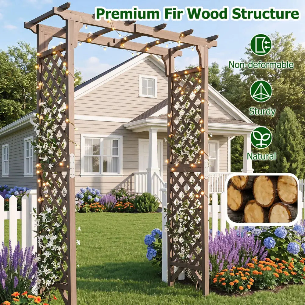 Flat Top Garden Arch with Gate 85’’ Tall Wood for Climbing Plants and Wedding-Brown - Brown - Garden Arbors