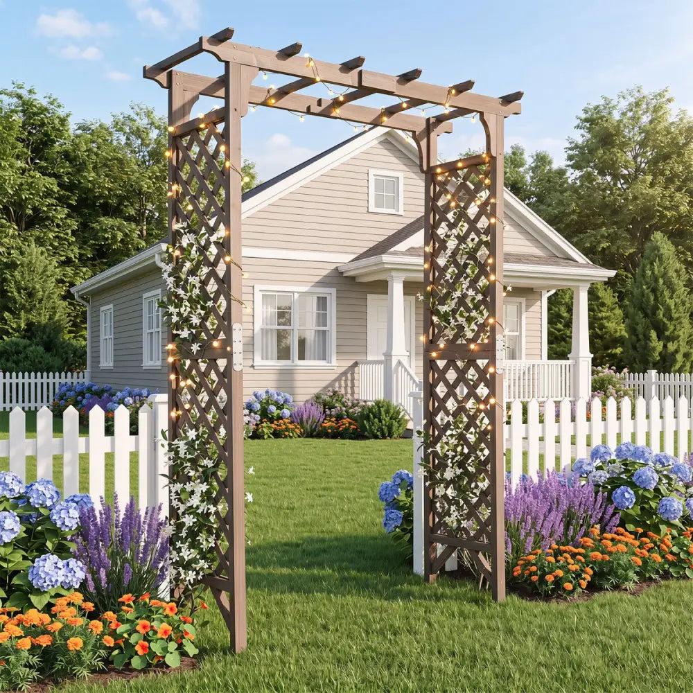 Flat Top Garden Arch with Gate 85’’ Tall Wood for Climbing Plants and Wedding-Brown - Brown - Garden Arbors
