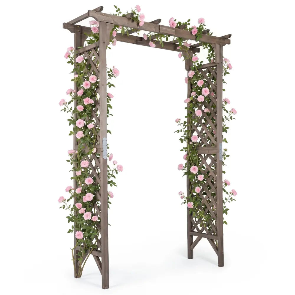 Flat Top Garden Arch with Gate 85’’ Tall Wood for Climbing Plants and Wedding-Brown - Brown - Garden Arbors