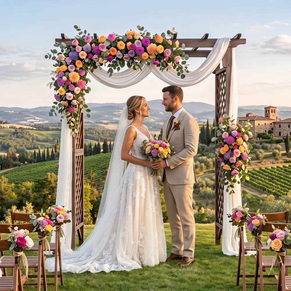 Flat Top Garden Arch with Gate 85’’ Tall Wood for Climbing Plants and Wedding-Brown - Brown - Garden Arbors