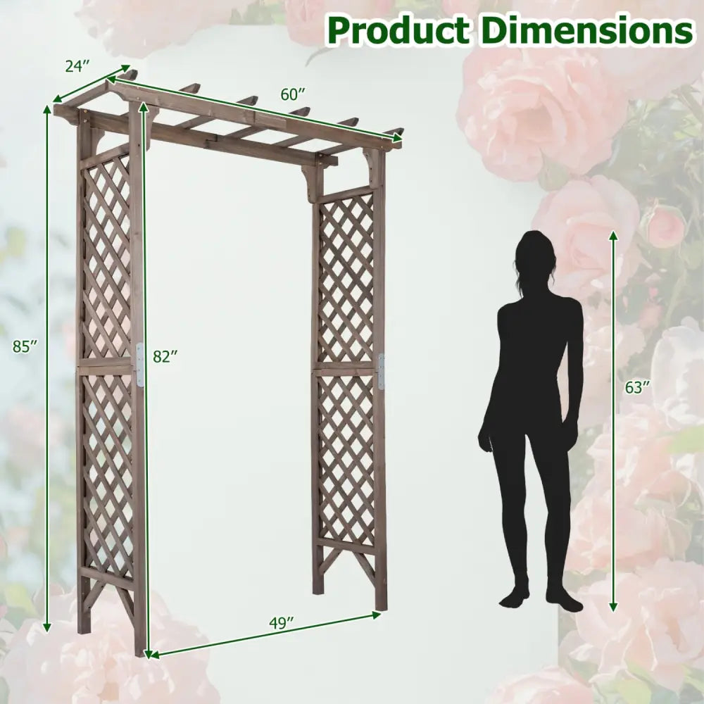 Flat Top Garden Arch with Gate 85’’ Tall Wood for Climbing Plants and Wedding-Brown - Brown - Garden Arbors