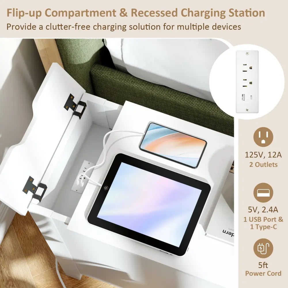 Flip Top End Table with Charging Station USB Ports Outlets and Drawer-White - White - Nightstands
