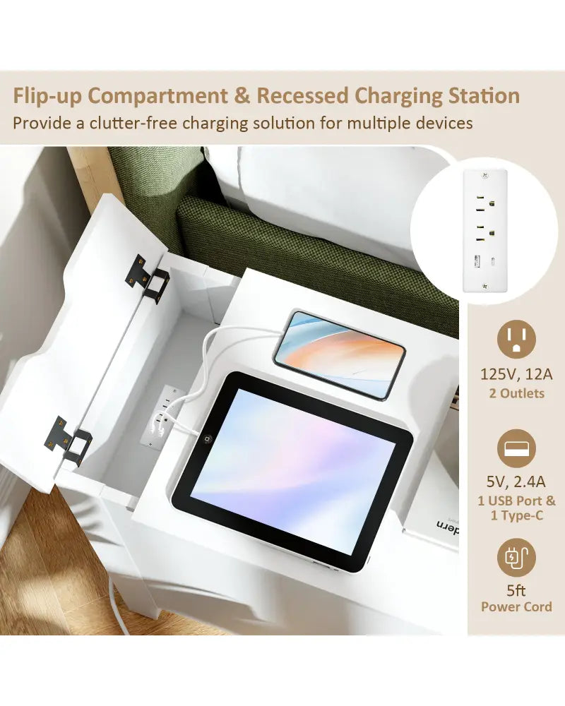 Flip Top End Table with Charging Station USB Ports Outlets and Drawer-White - White - Nightstands