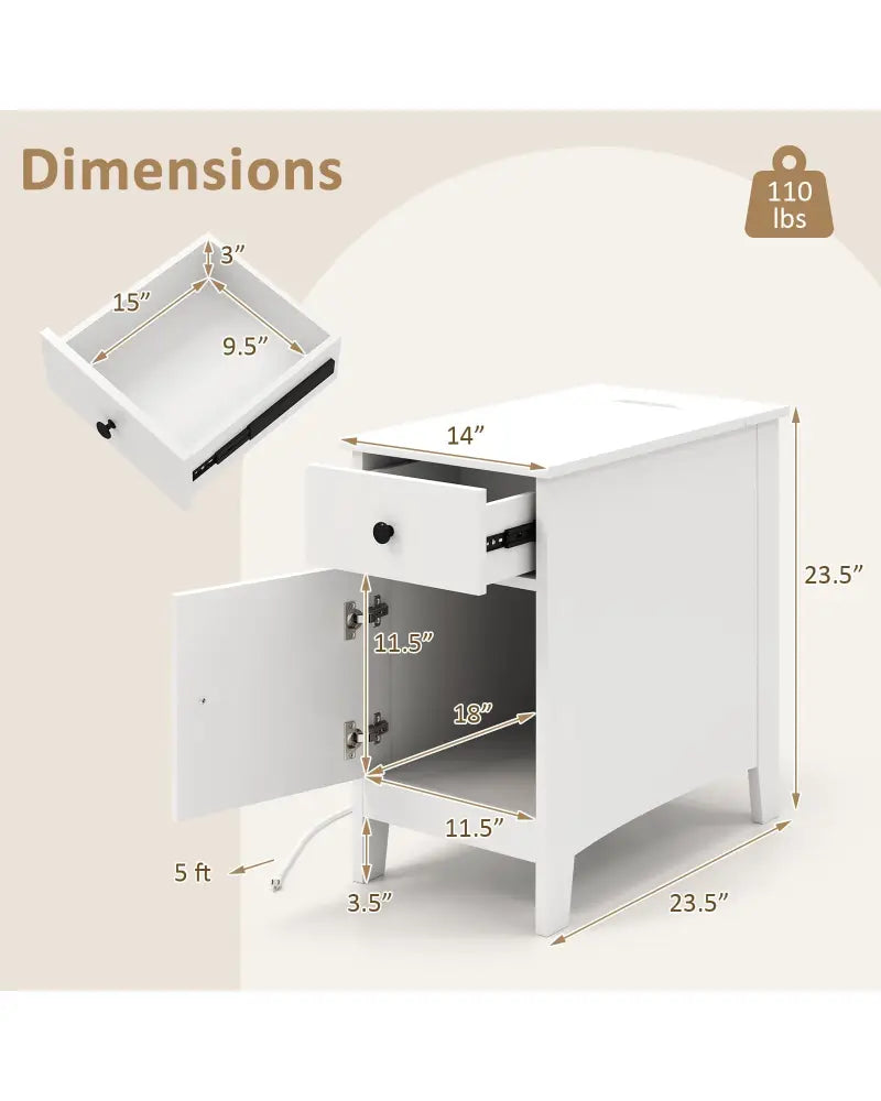 Flip Top End Table with Charging Station USB Ports Outlets and Drawer-White - White - Nightstands
