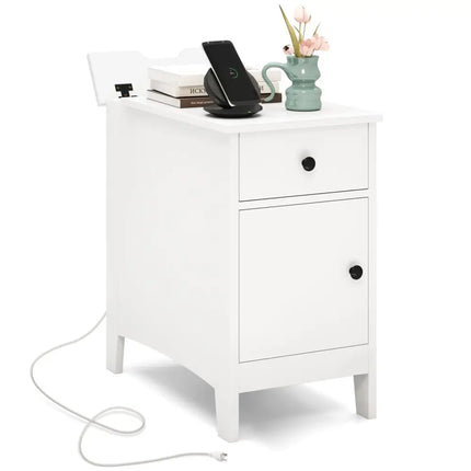 Flip Top End Table with Charging Station USB Ports Outlets and Drawer-White - White - Nightstands