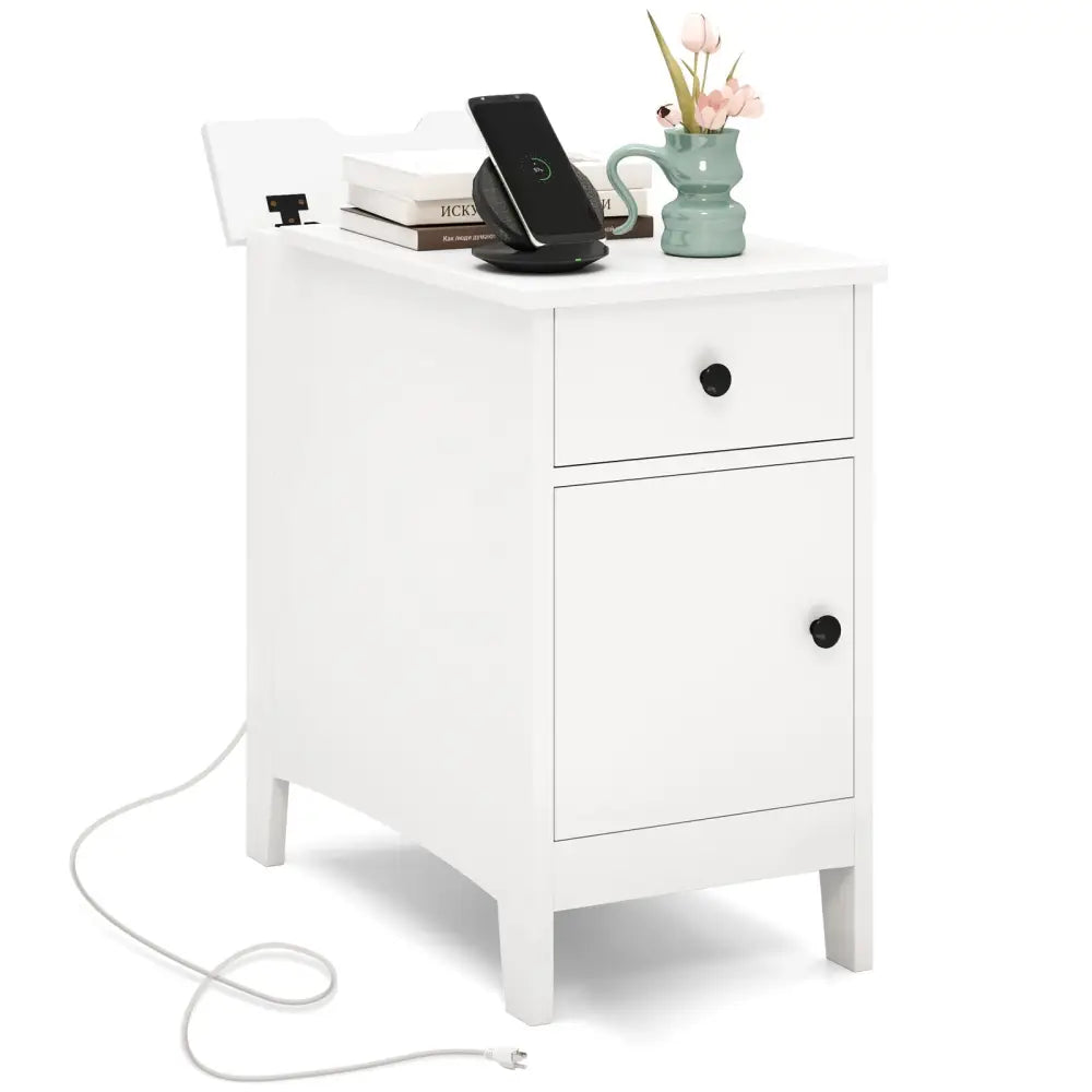 Flip Top End Table with Charging Station USB Ports Outlets and Drawer-White - White - Nightstands