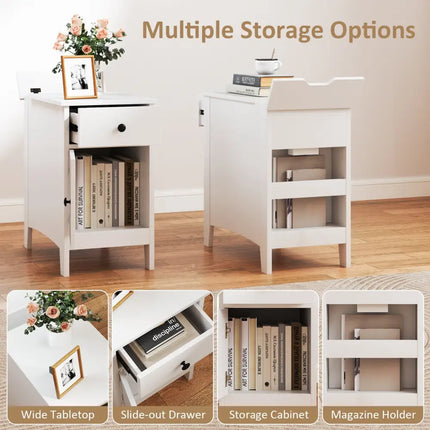Flip Top End Table with Charging Station USB Ports Outlets and Drawer-White - White - Nightstands