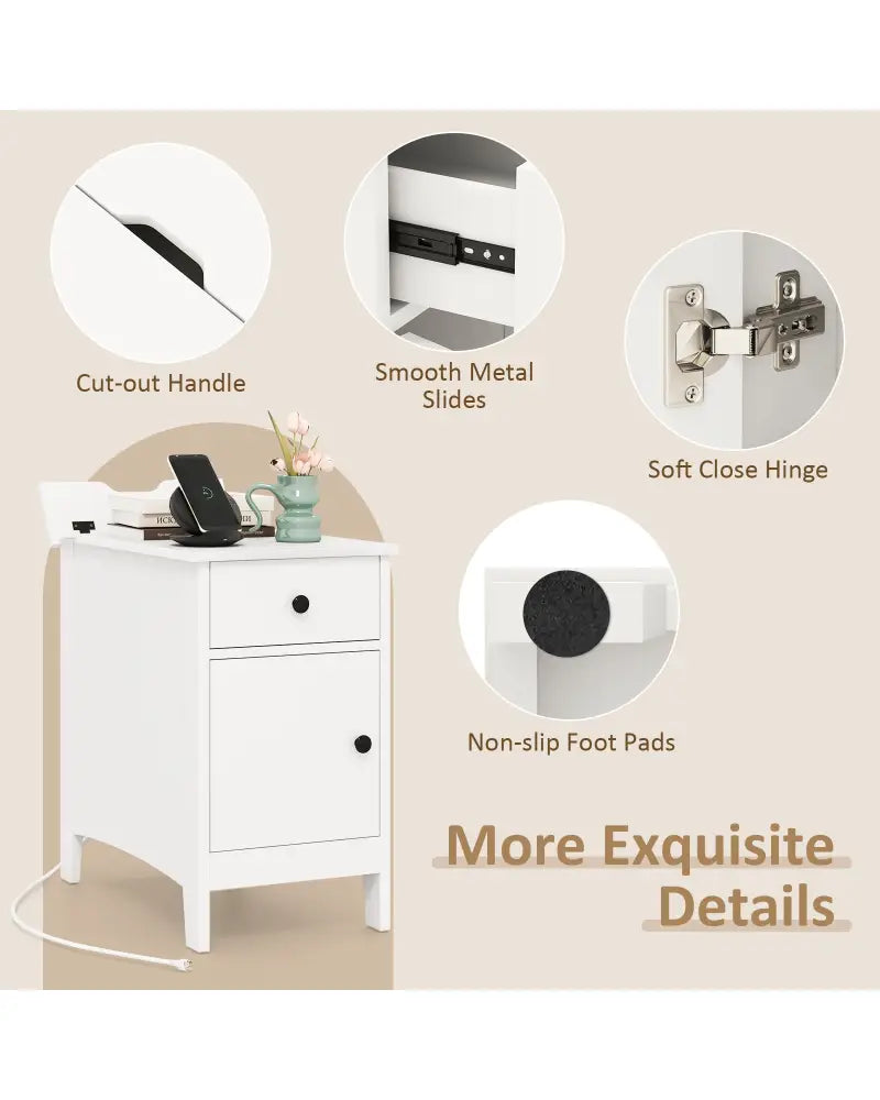 Flip Top End Table with Charging Station USB Ports Outlets and Drawer-White - White - Nightstands