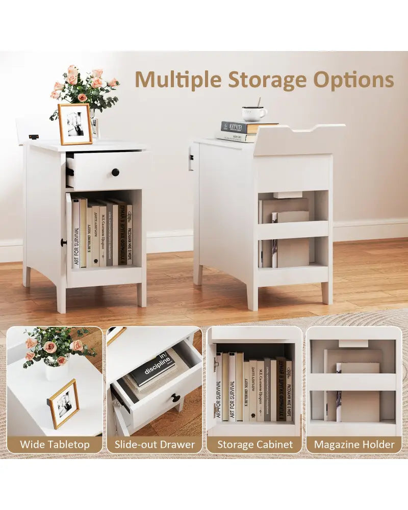 Flip Top End Table with Charging Station USB Ports Outlets and Drawer-White - White - Nightstands