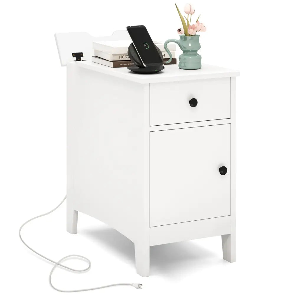 Flip Top End Table with Charging Station USB Ports Outlets and Drawer-White - White - Nightstands