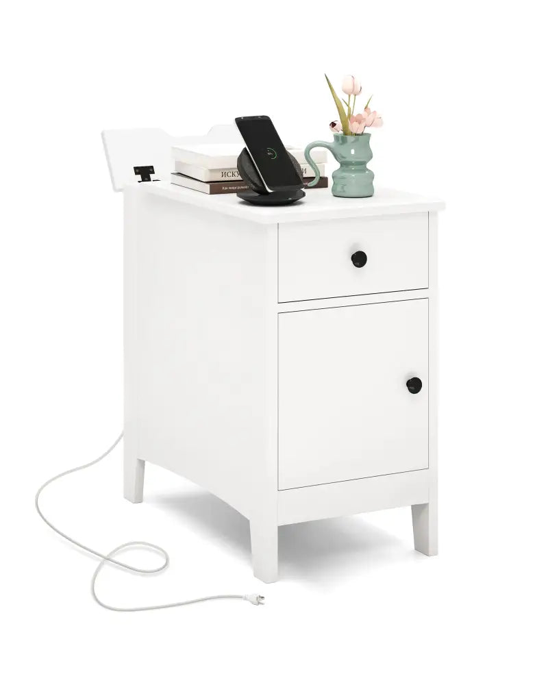 Flip Top End Table with Charging Station USB Ports Outlets and Drawer-White - White - Nightstands