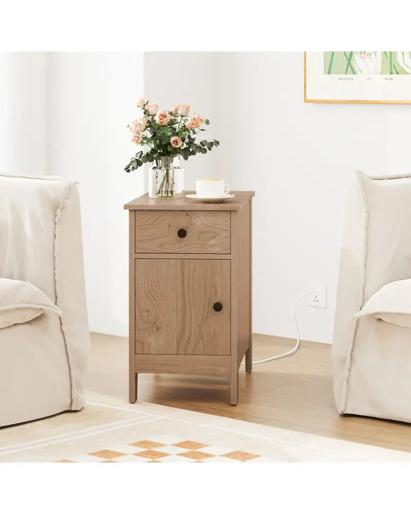Flip Top End Table with Charging Station USB Ports Outlets and Drawer-Natural - Natural - Nightstands