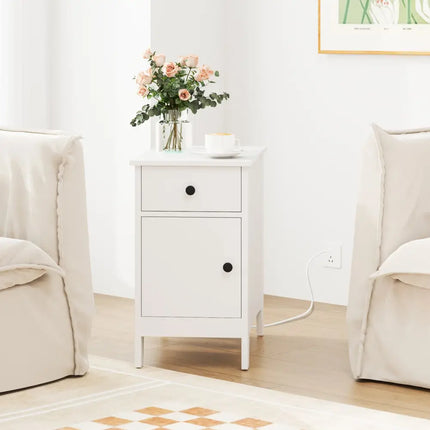Flip Top End Table with Charging Station USB Ports Outlets and Drawer-White - White - Nightstands