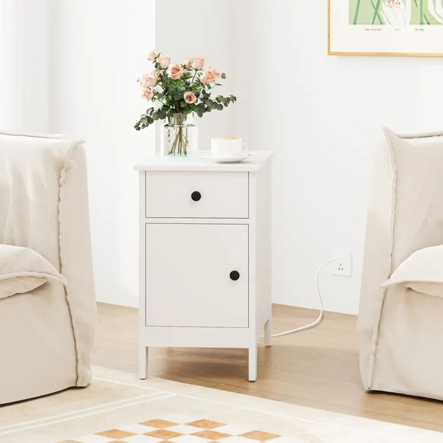 Flip Top End Table with Charging Station USB Ports Outlets and Drawer-White - White - Nightstands