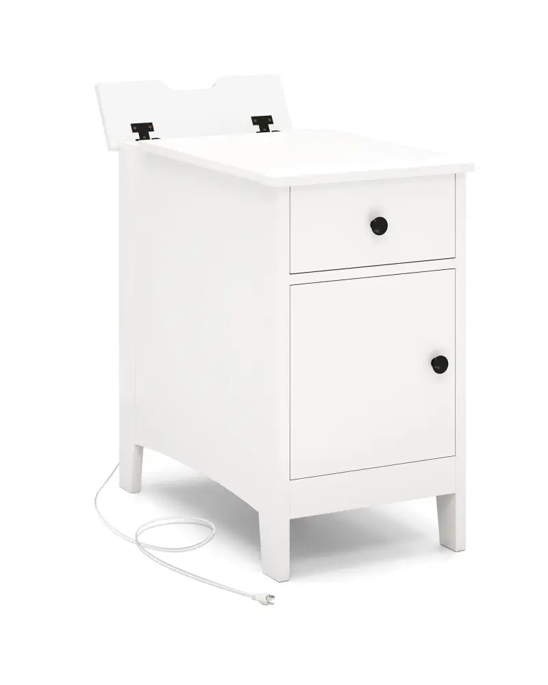 Flip Top End Table with Charging Station USB Ports Outlets and Drawer-White - White - Nightstands